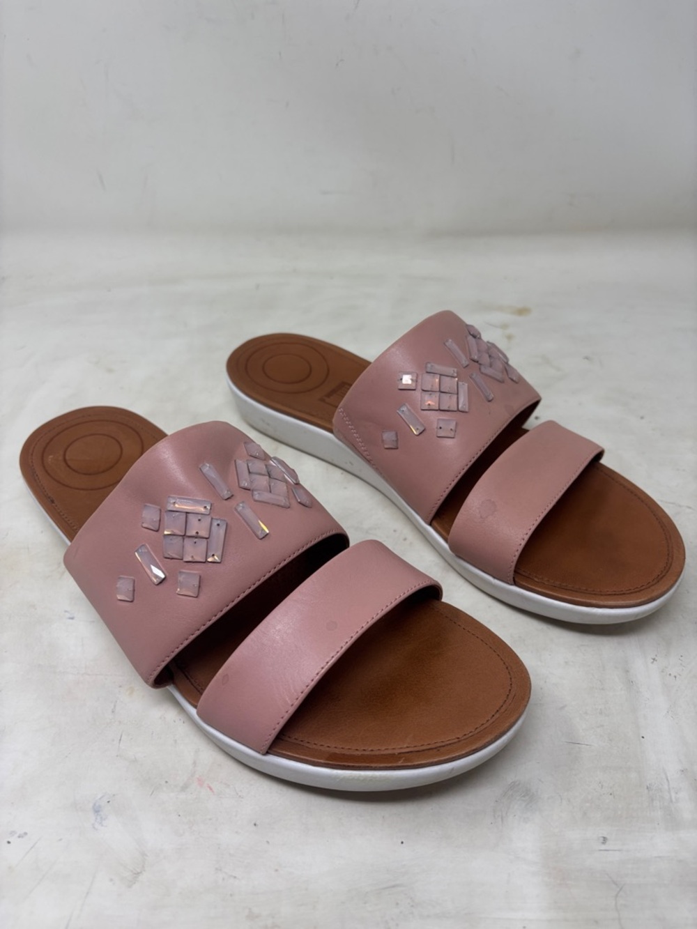 Fitflop Pink Double-Strap Slide Sandals with Iridescent Embellishments